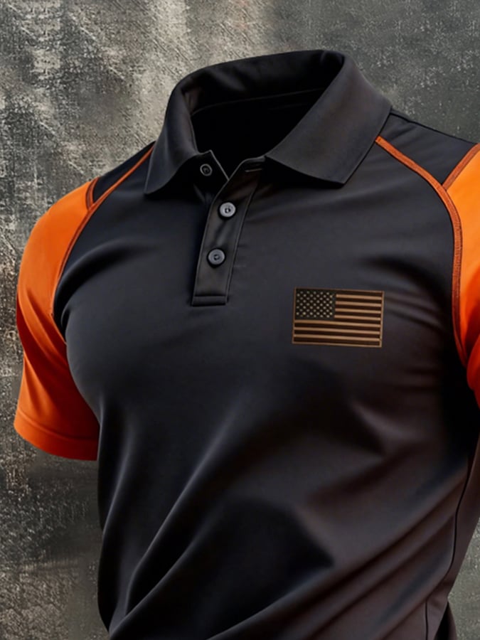 Men's Retro Patriotic Color-Block Short-Sleeve Polo Shirt