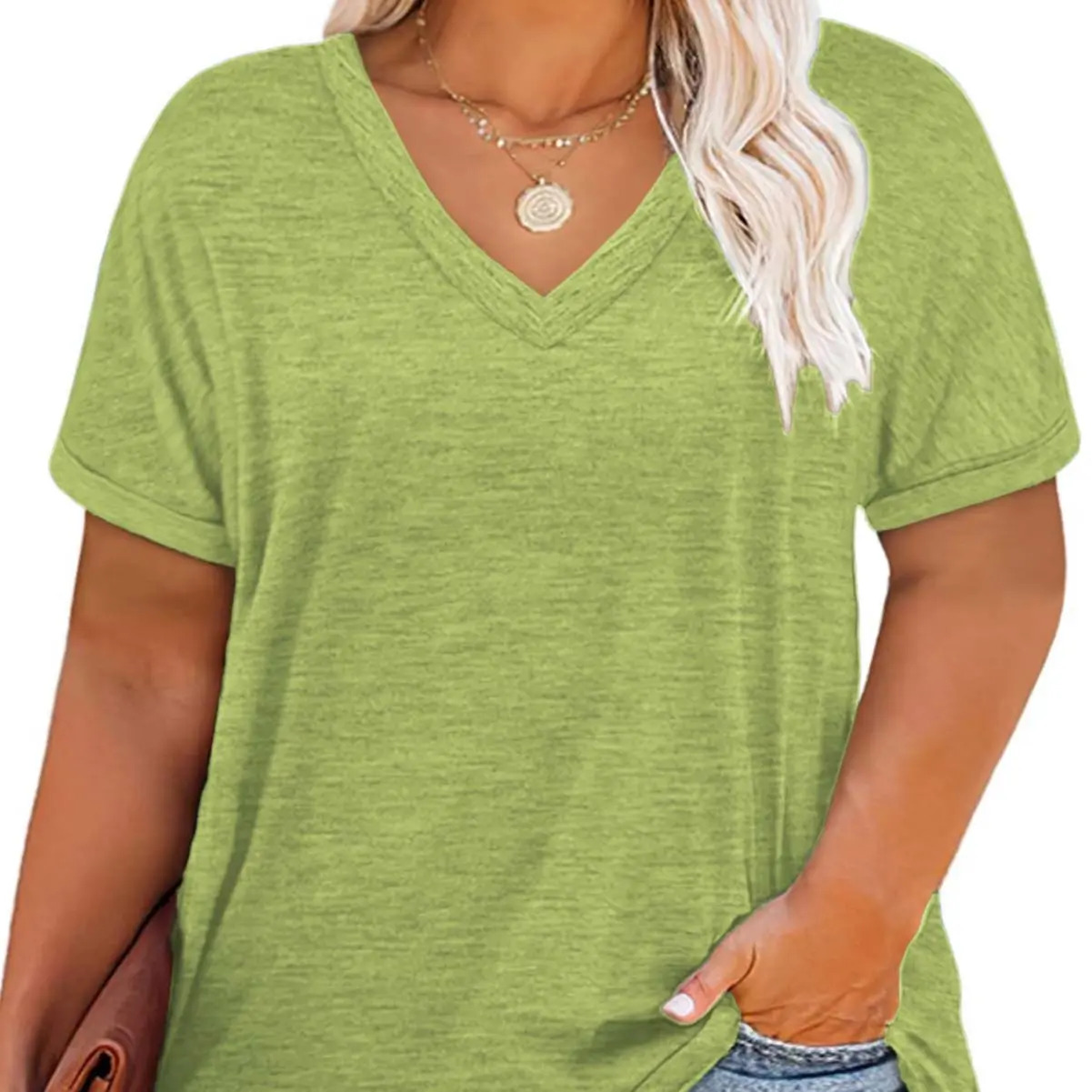 Women's Plus-Size V-Neck Short-Sleeve T-Shirt — Casual, Loose-Fit Summer Top — Soft, Breathable Basic Tee