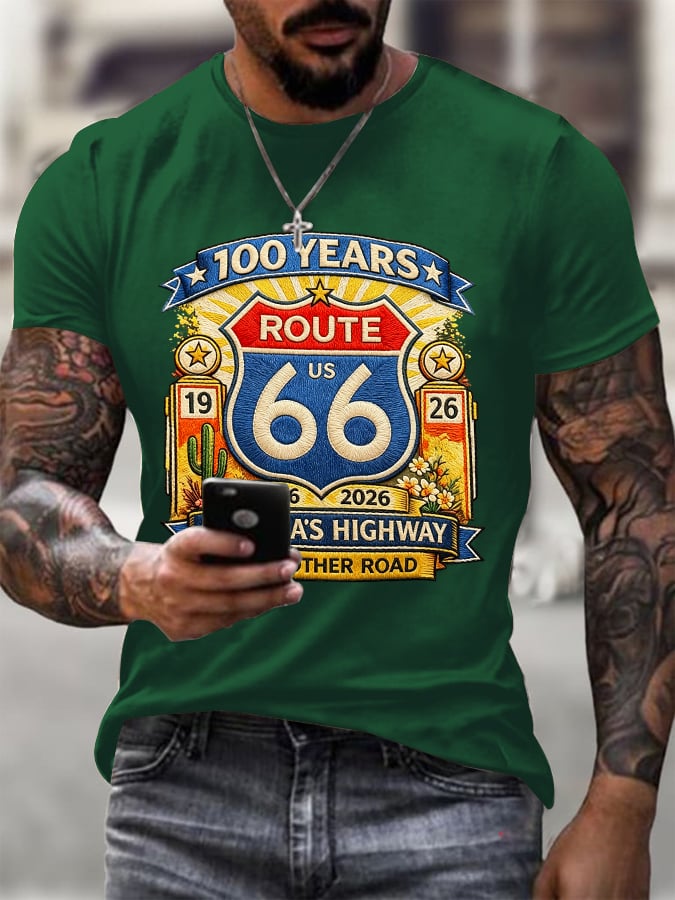 Men's Route 66 Centennial Mother Road Print Round Neck T-shirt