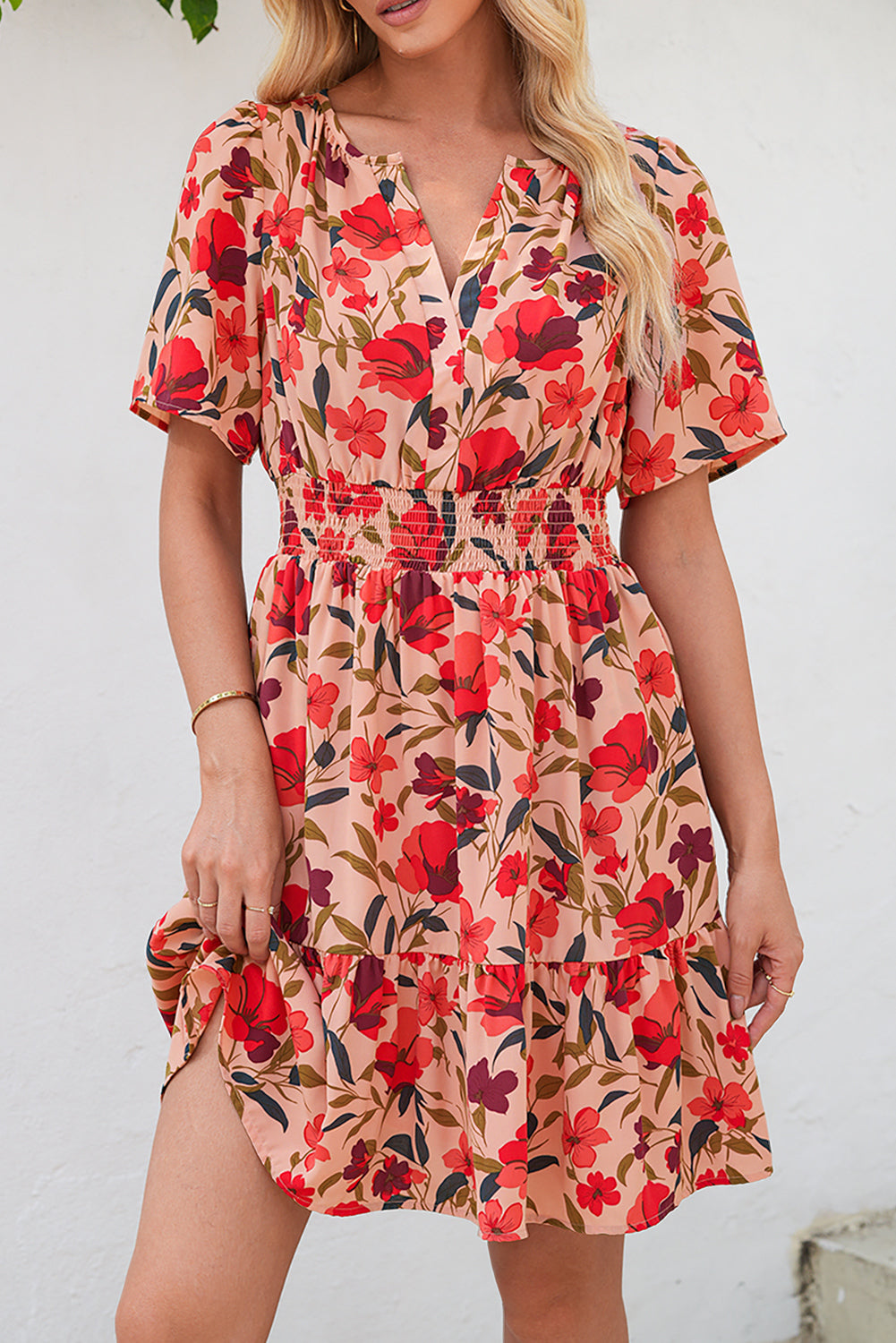 Black Floral Print Wrap V Neck Short Sleeve High Waistband Mini Dress