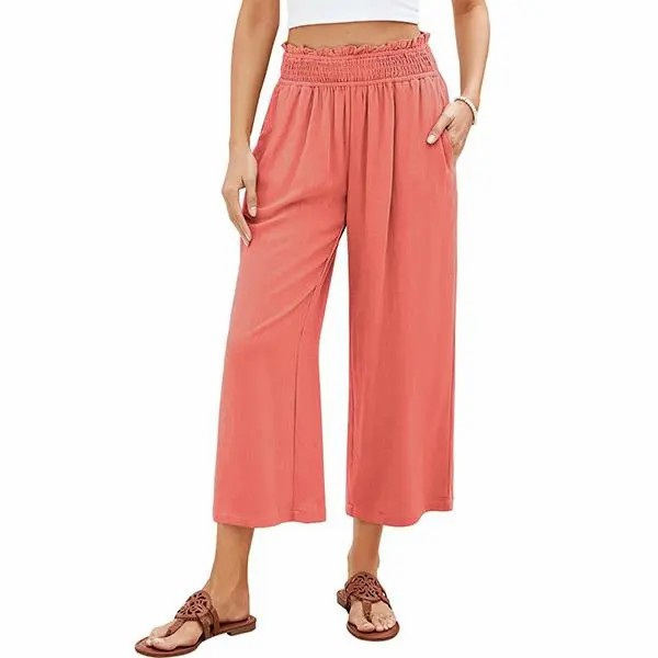 Women's High-Waisted Linen Blend Wide Leg Capri Pants