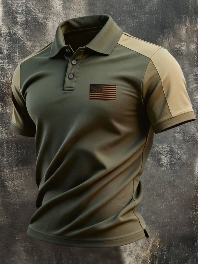 Men's Retro Patriotic Color-Block Short-Sleeve Polo Shirt