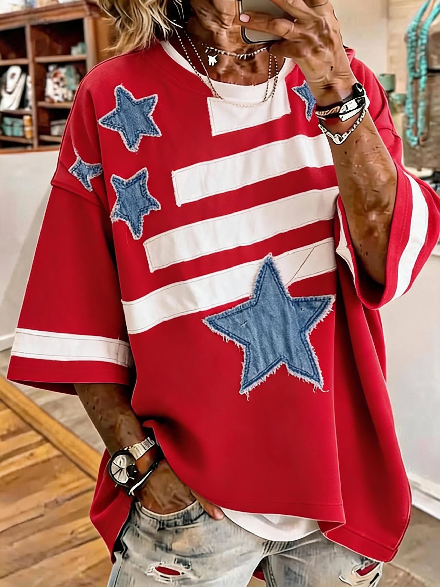 Vintage Red White Stripe Star Applied Patriot Oversized Hoodie