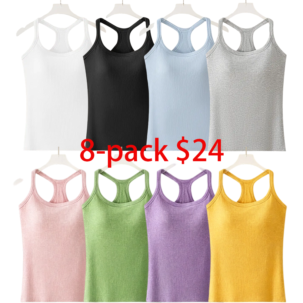 Women's 8-Pack Ribbed Built-in Bra Tank Top – Racerback Cropped Camisole with Removable Pads Wireless Supportive Yoga Top