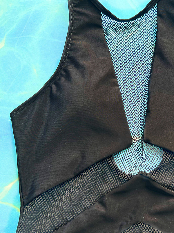Padded Backless Hollow Mesh Solid Color Round-Neck One-Piece Swimwear