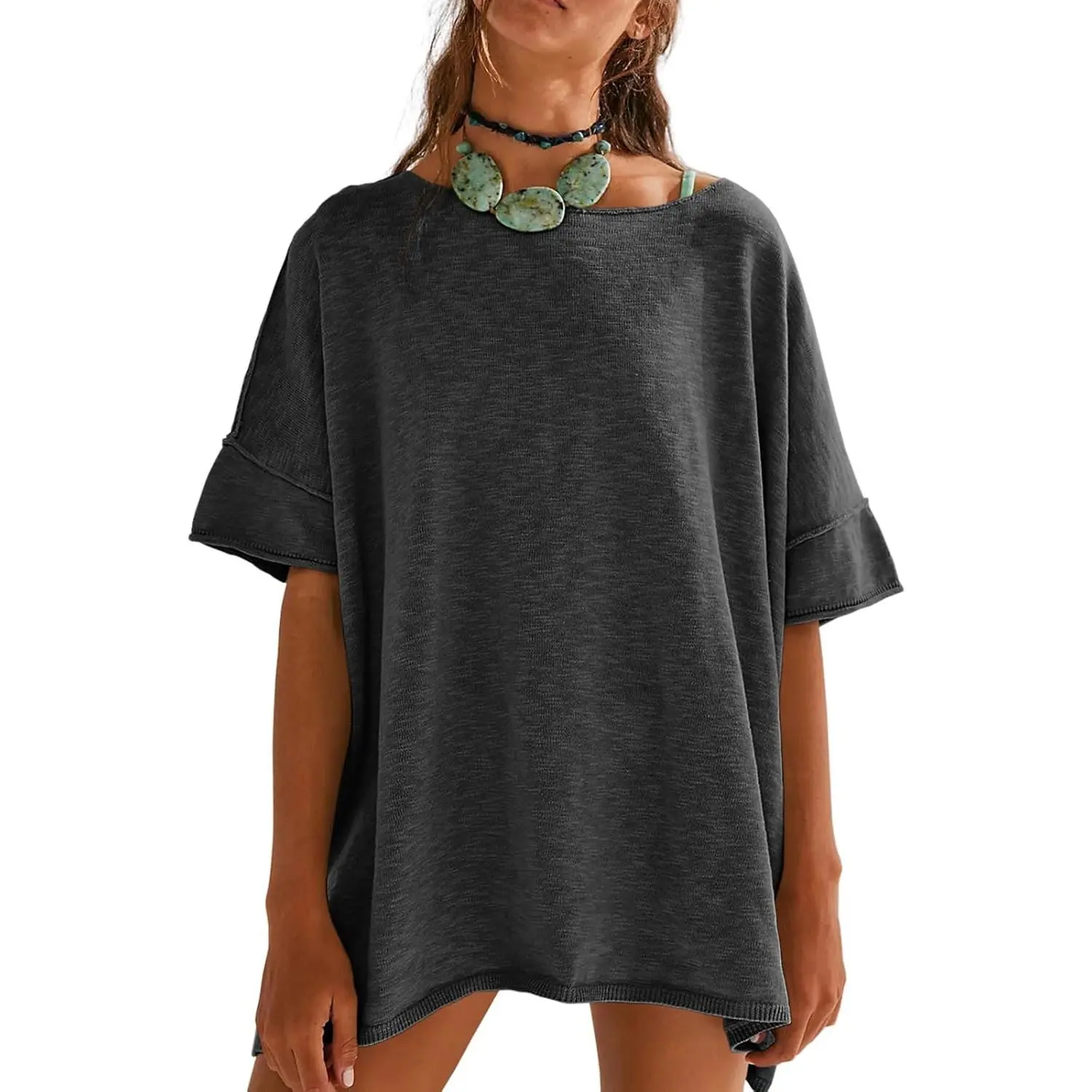 Women's Loose-Fit T-Shirt – Casual Summer Crew Neck Drop-Shoulder Short-Sleeve Top with Side-Slit Hem