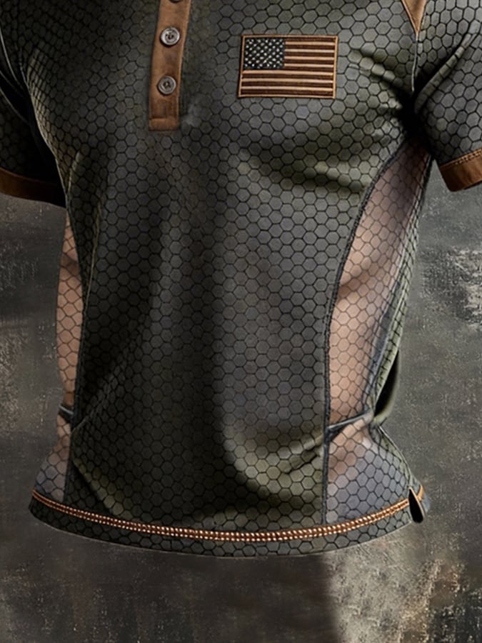 Men's Retro Patriotic Color-Block Short-Sleeve Henley T-Shirt