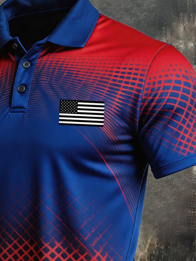 Men's Retro Patriotic Color-Block Short-Sleeve Polo Shirt