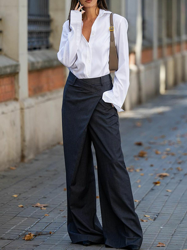 Asymmetric Solid Color Split-Joint High Waisted Loose Trousers Suit Pants