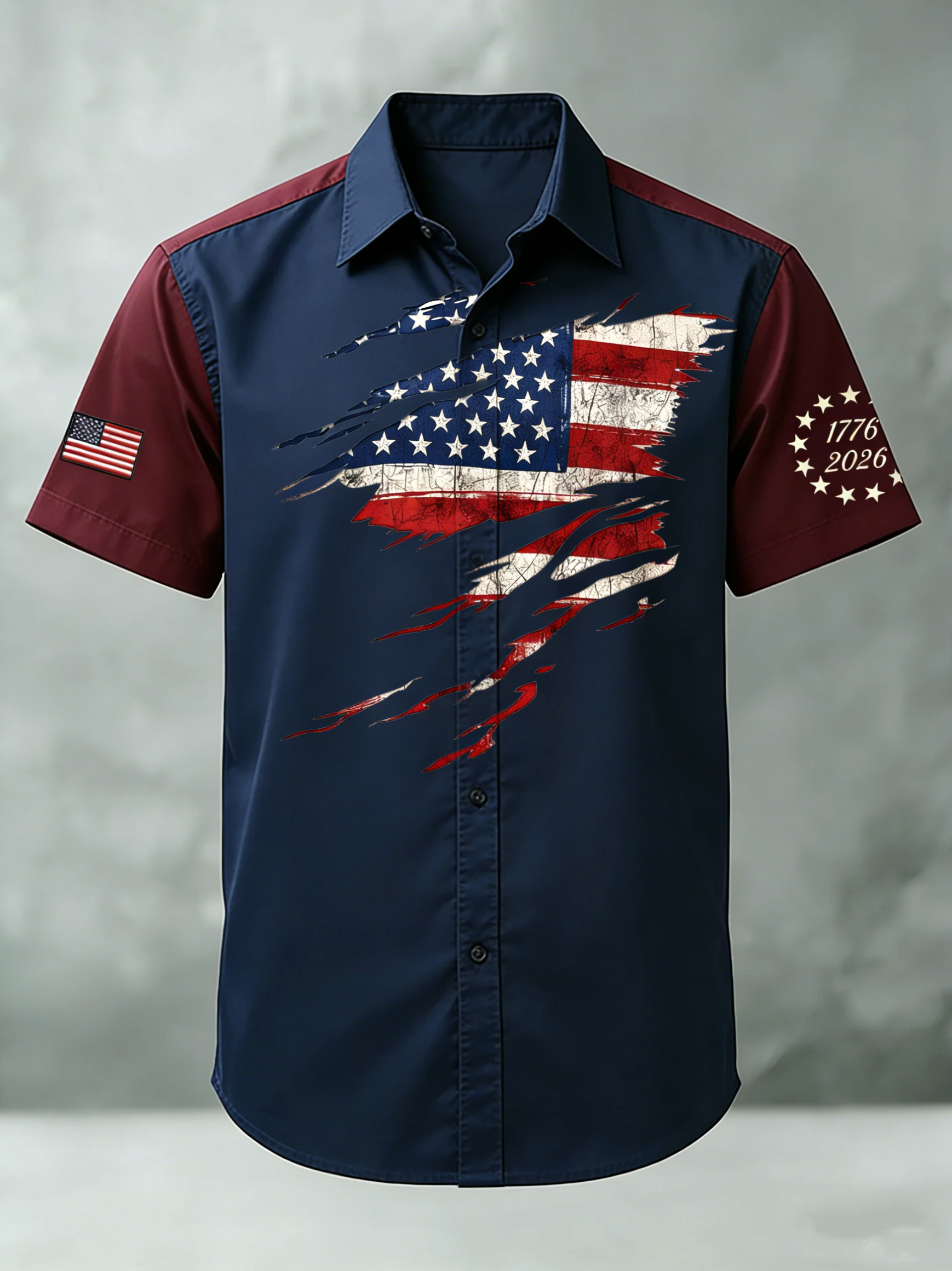 Men'S Casual 250Th Anniversary Of The Founding Of The United States Printed Button Down Short Sleeved Shirt