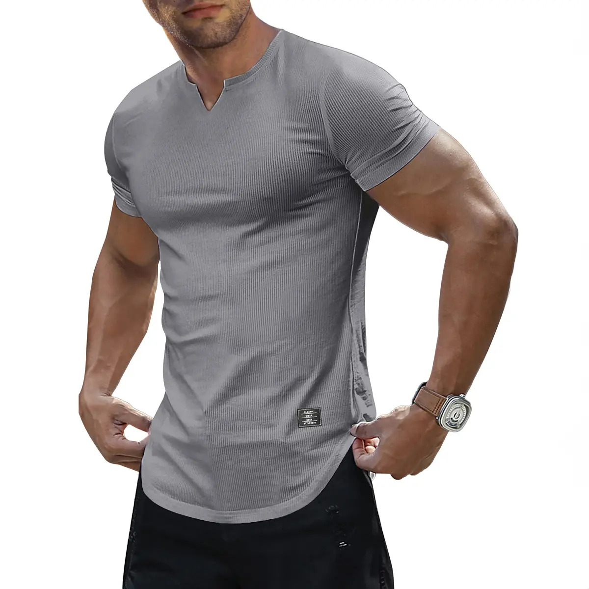 Men's Solid-Color Slim-Fit Long V-Neck T-Shirt