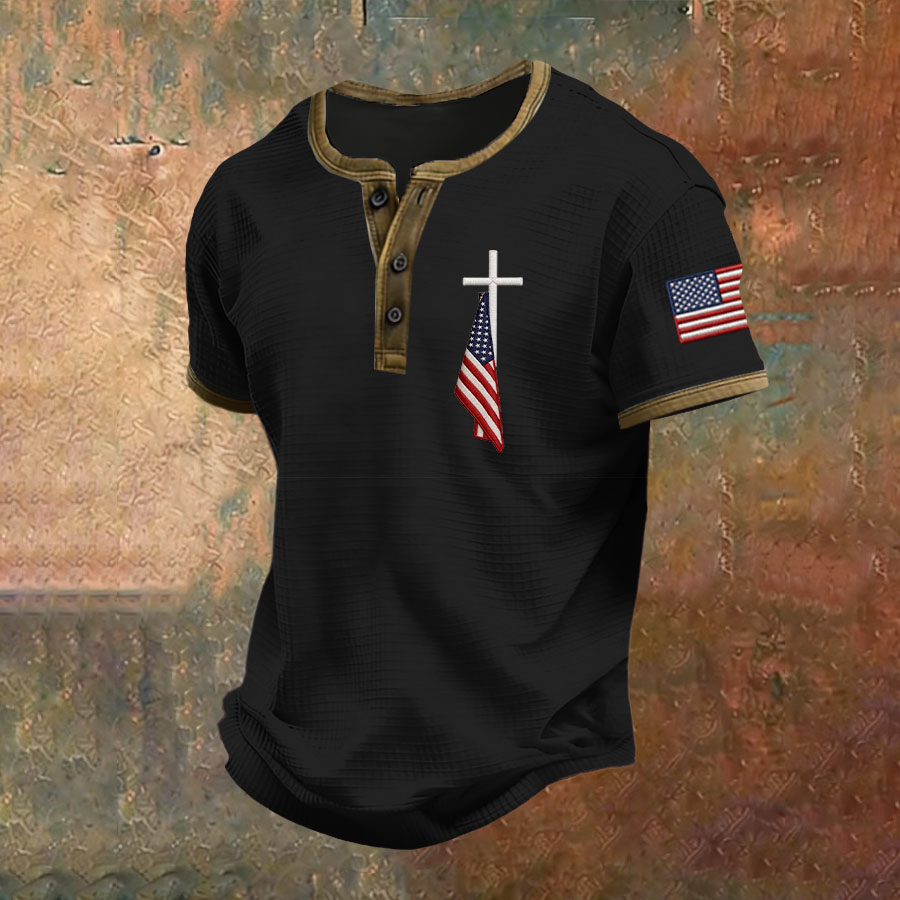 Men'S American Flag Printed Henry Collar Top