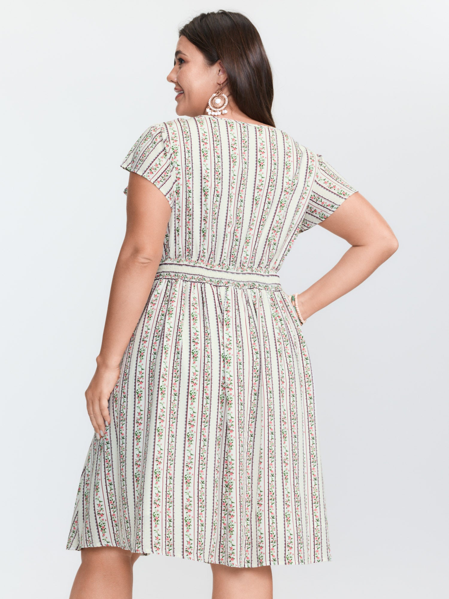 Floral Striped Print Pockets V-Neck Mini Dress
