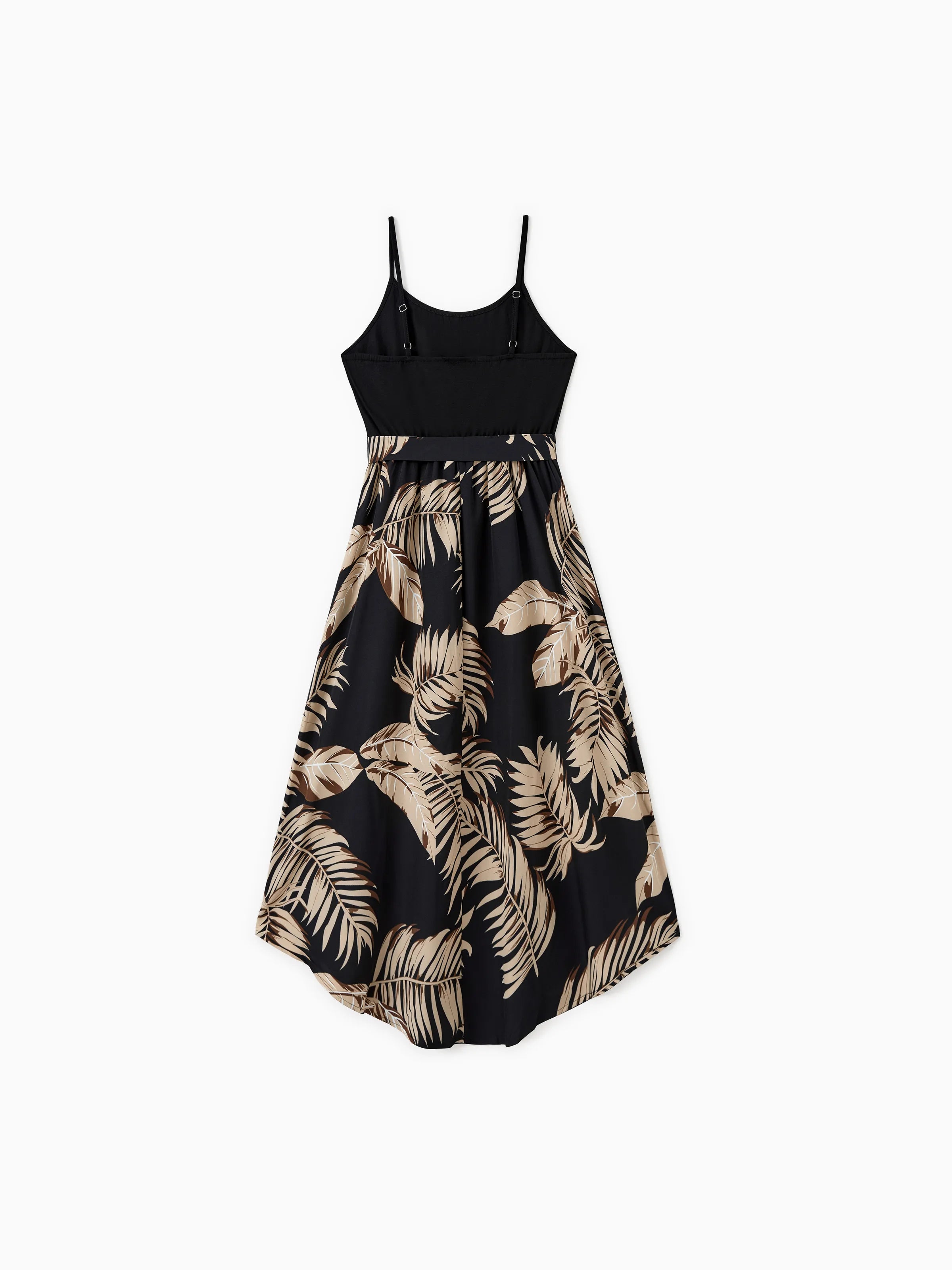 Mommy and Me Family Matching Floral Print Belted Cami Dresses And Solid Short Sleeve Tops Sets Black
