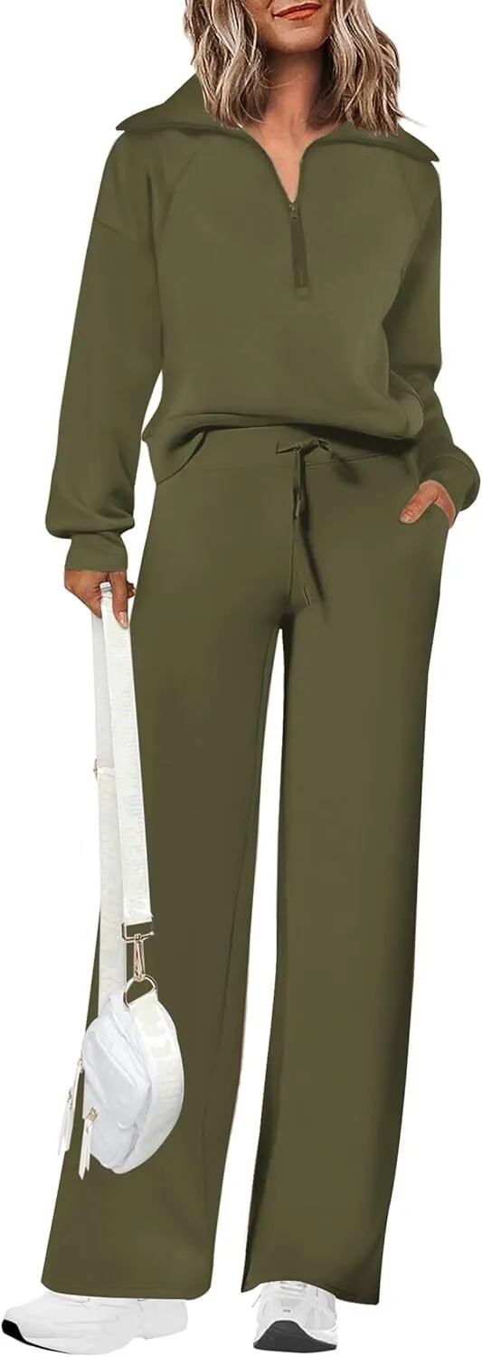 🔥Final Day Clearance!🛒Women's 2 Piece Outfits Casual Lapel Half Zip Sweatshirts And Wide Leg Pants Tracksuit Sets🔥8-PACK ONLY $28🔥