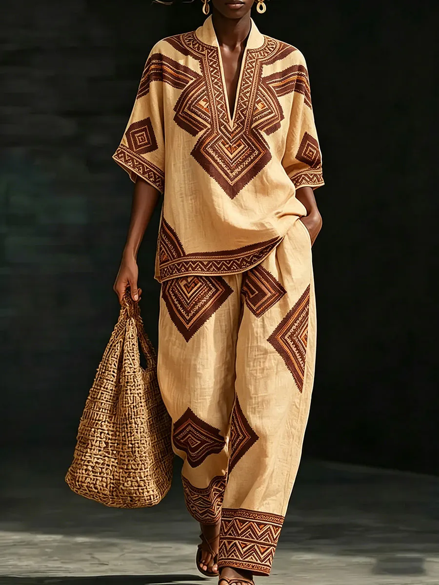 Women’s Khaki Tribal Large Print Two-Piece Set