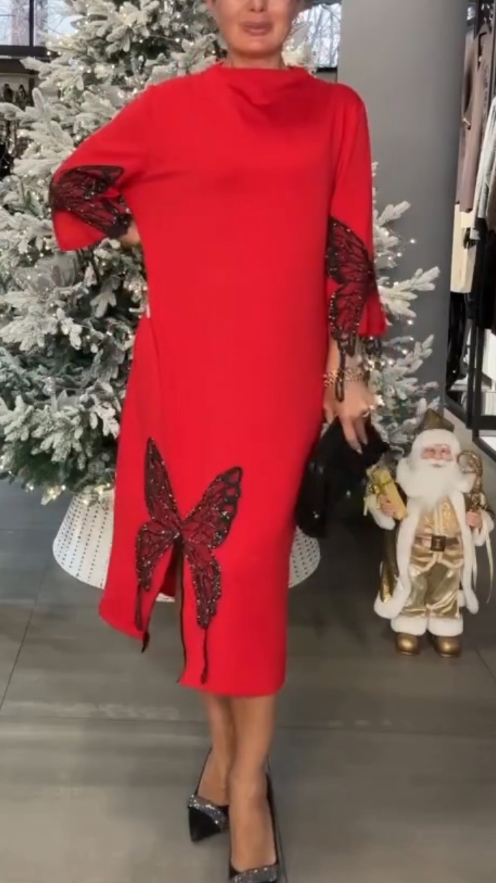 Women Round Neck Butterfly Print Rhinestone Loose Casual Dress