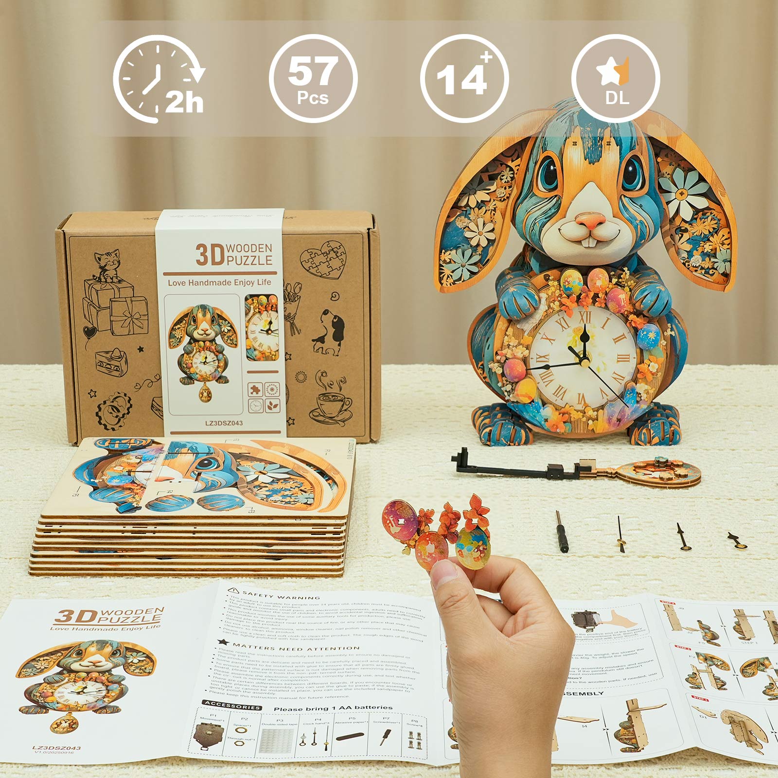 RabbitDIY Wooden Clock, 3D Puzzle Craft Kit