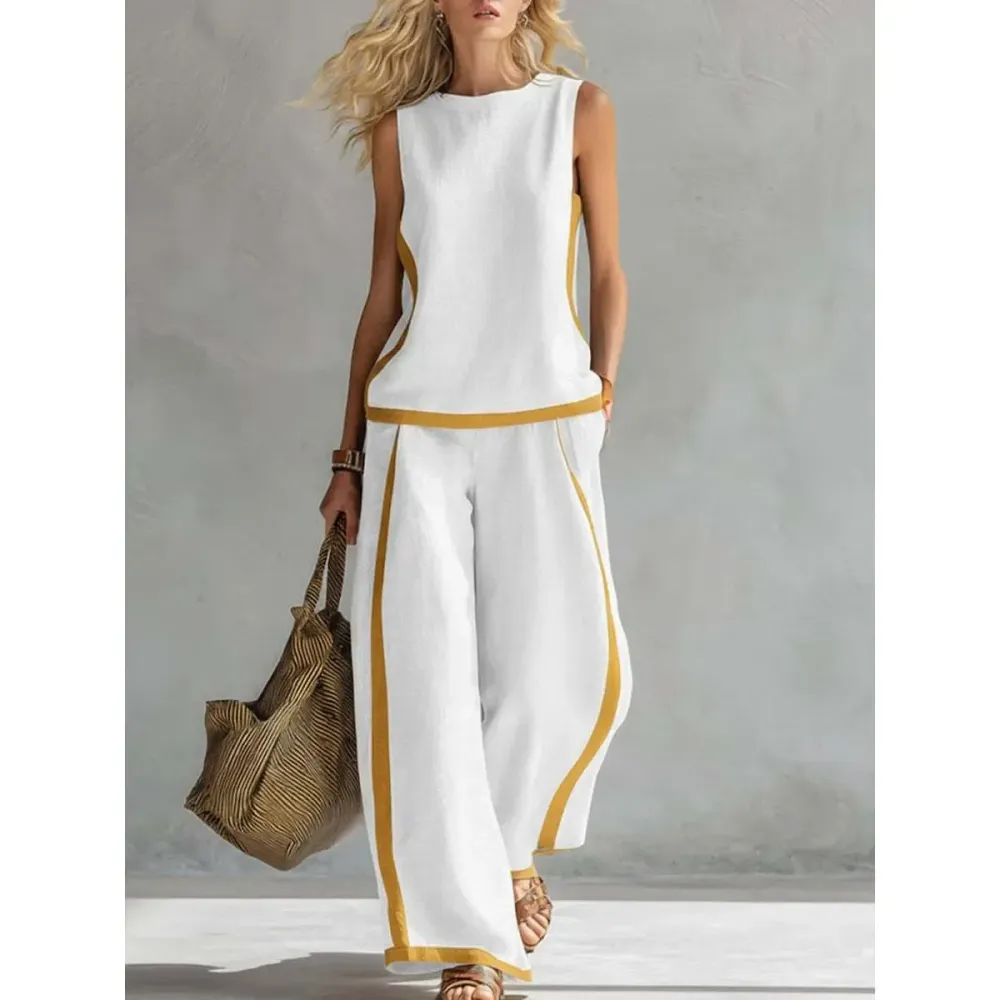 2026 Linen Blend Two Piece Set for Women Sleeveless Color Block Top Wide Leg Pants Set Casual Summer Outfit