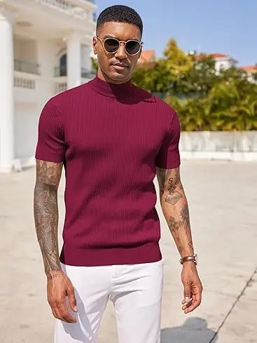 Men's Ribbed Mock Neck Short Sleeve Sweater – Casual Knit Pullover Tee