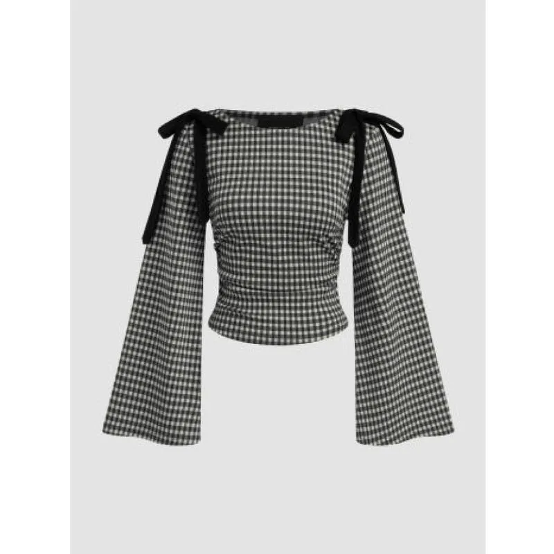 Gingham Bowknot Ruched Long Sleeve Top