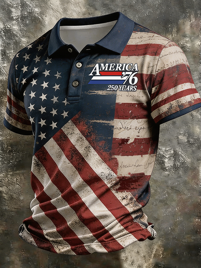 Men's America '76 Distressed American Flag Polo Shirt