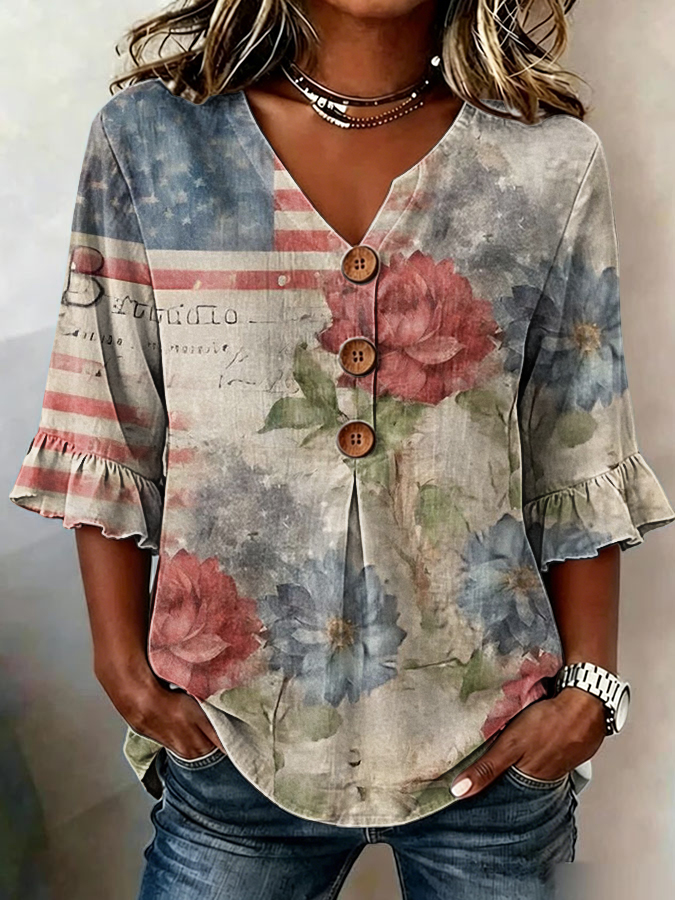 Women'S Retro Cotton Hemp Patriotic Flower Flag Independence Day Printed Art Casual Top
