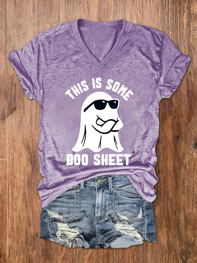 Women's Halloween This Is Some Boo Sheet Print V-Neck T-Shirt