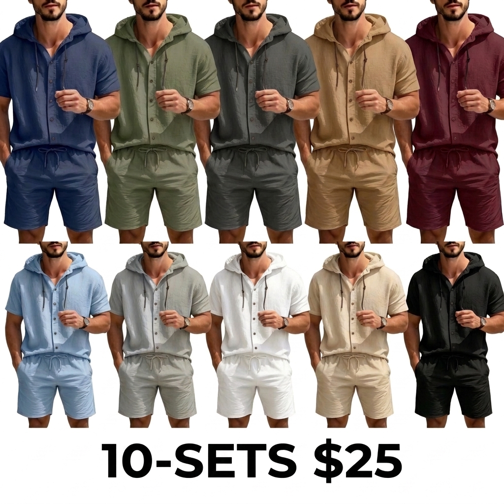 Men's Linen 2-Piece Summer Set – Hooded Henley Top & Matching Shorts, Casual Versatile Outfit