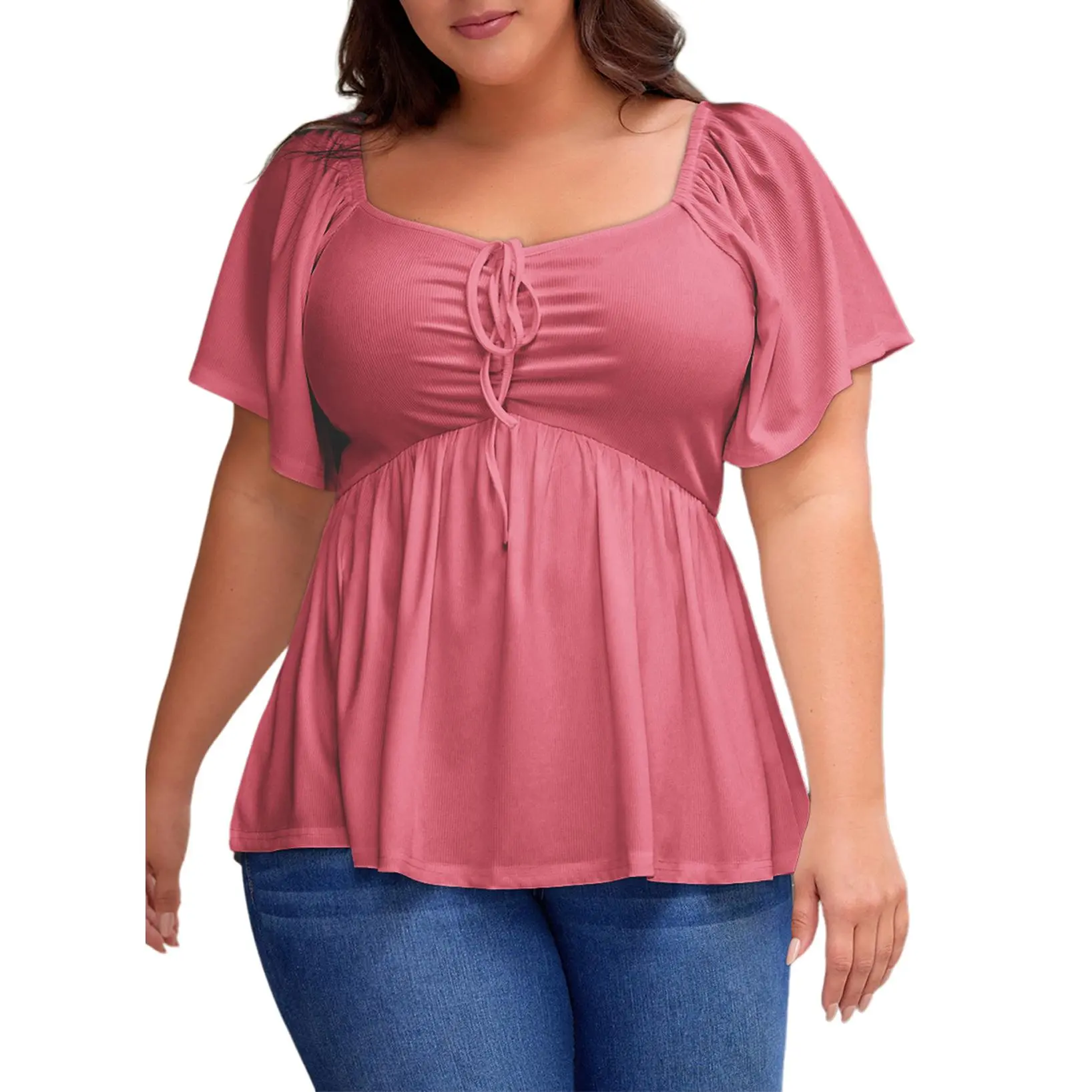 Women Sweetheart Neck Short Sleeve Shirred Peplum Rib Blouse Tops Shirts