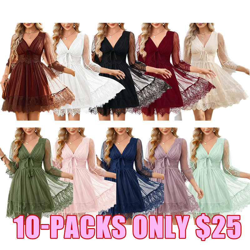 Boho Lace Deep V Bow Tie Mini Dress
