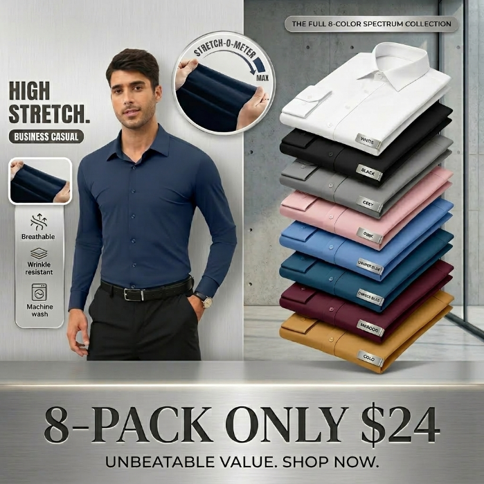 🔥Last Day Promotion!🔥Men’s 4-Way Stretch Travel Dress Shirt: Wrinkle-Free Slim Fit