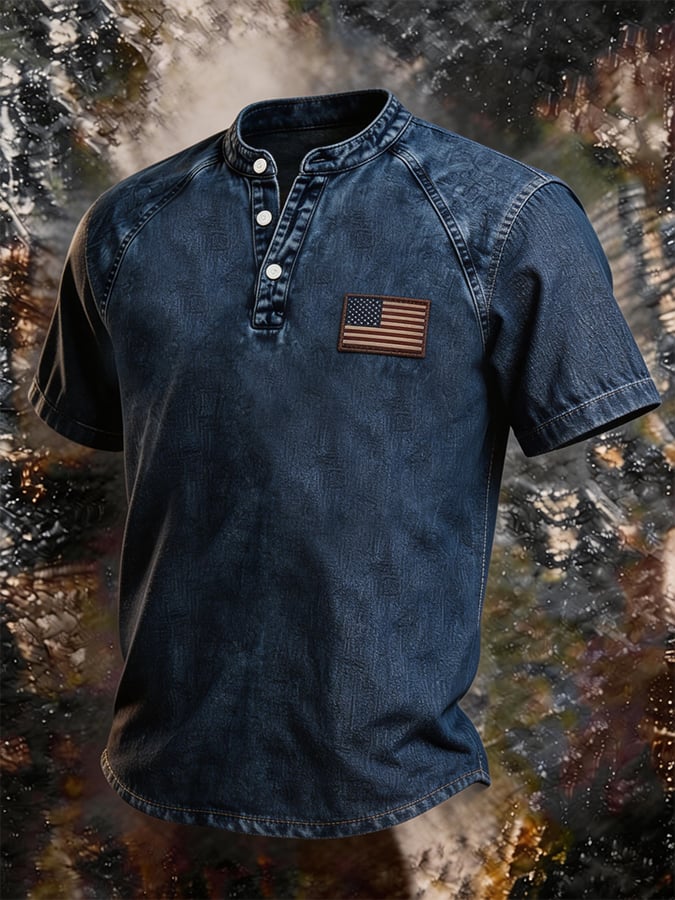 Men's Distressed Denim Henley Shirt, USA Flag Patch Patriotic Casual Top