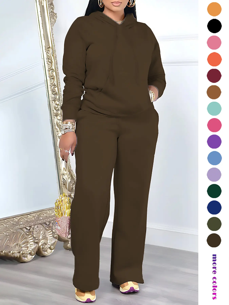 🔥Two-Piece Set Women's Solid Drawstring Hoodie & High Waist Pants Set, Casual Long Sleeve Pocket Hooded Sweatshirt & Straight Leg Trousers for Spring & Fall, Ladies' Clothes for Daily Wear
