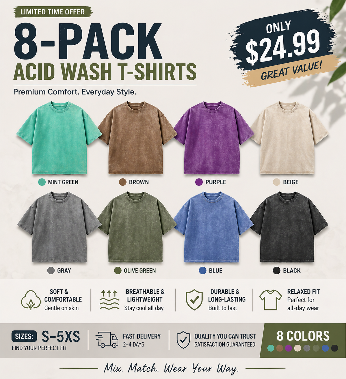 Retro Heavyweight Pure Cotton T-Shirt — Acid-Washed, Distressed, Loose-Fit Casual Top