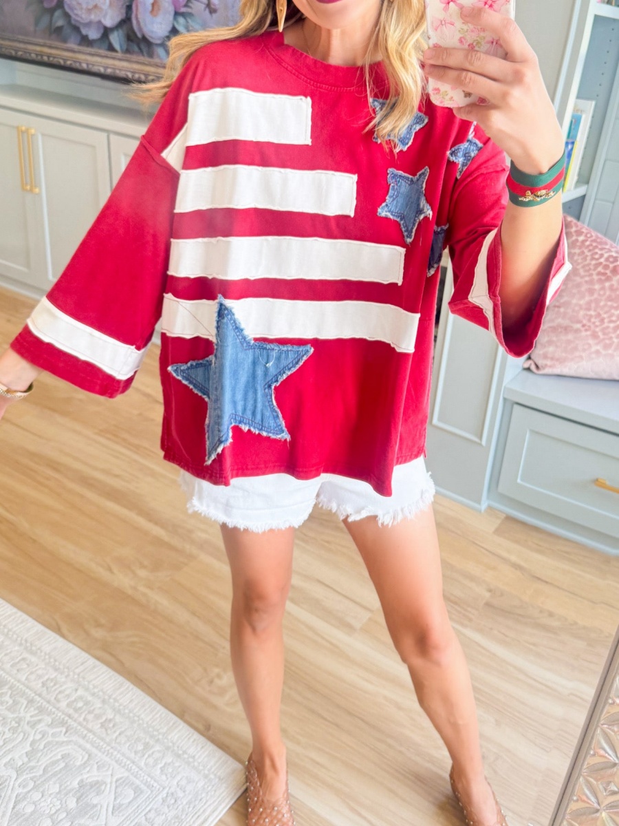 Vintage Red White Stripe Star Applied Patriot Oversized Hoodie