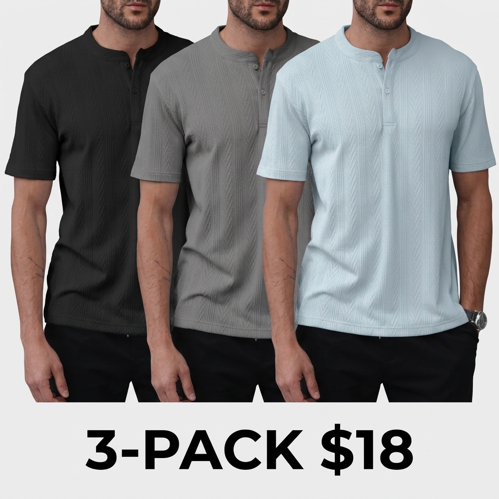 Men’s Textured Henley T-Shirt Short Sleeve Casual Top – Lightweight Breathable Summer Shirt