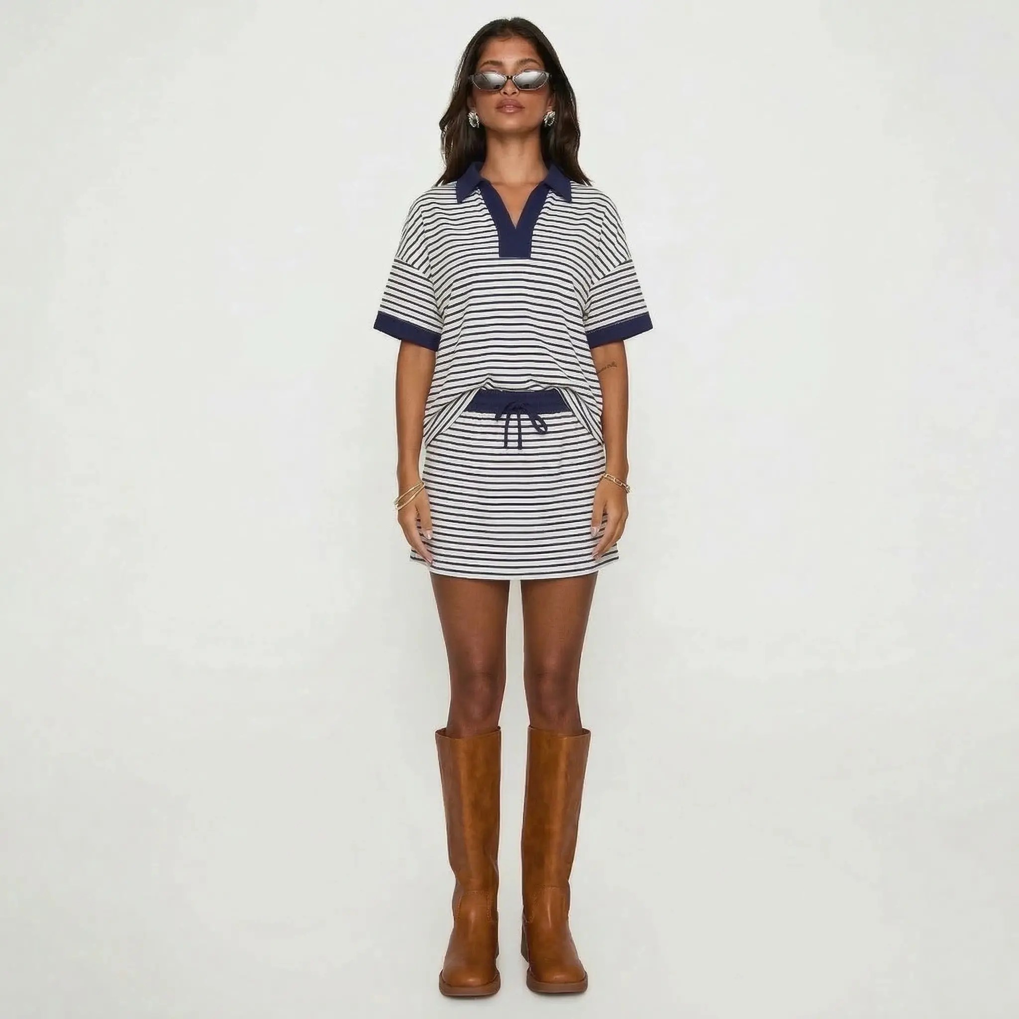 Women’s Striped 2-Piece Skort Set – V-Neck Polo Top & Built-In Shorts