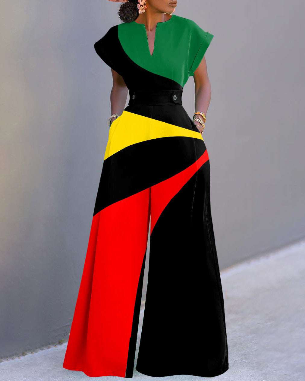 Reggae Stripes Contrast Color Neckline Batwing Sleeve Wide Leg Jumpsuit