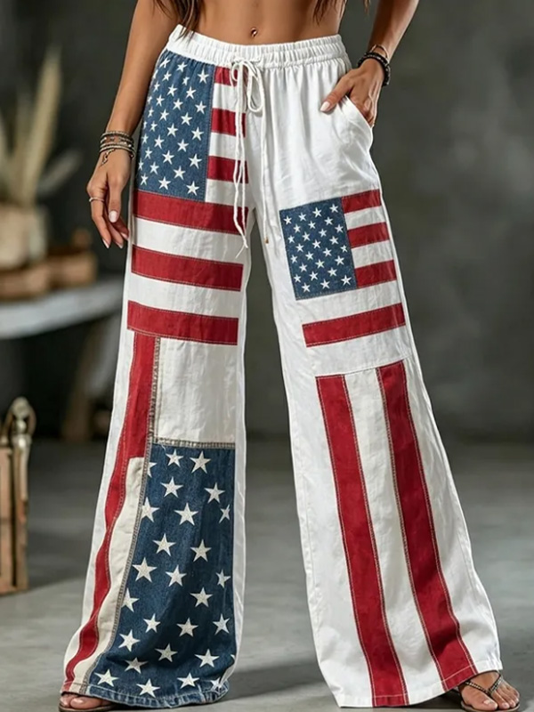 Women's USA Flag Patchwork Art Print Casual Pants
