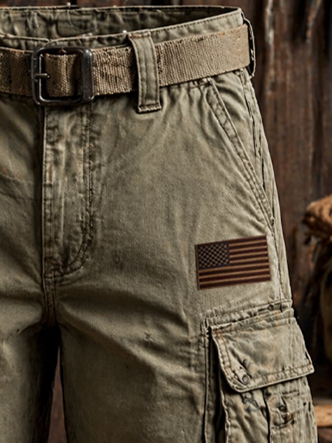 Men's Retro Outdoor Washed & Distressed Multi-Pocket Functional Cargo Shorts