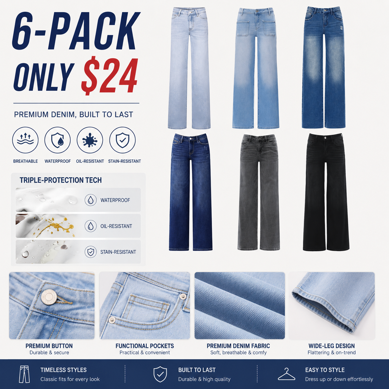 Women’s Mid-Low Rise Baggy Distressed Jeans – Stretchy Wide Leg Denim Pants