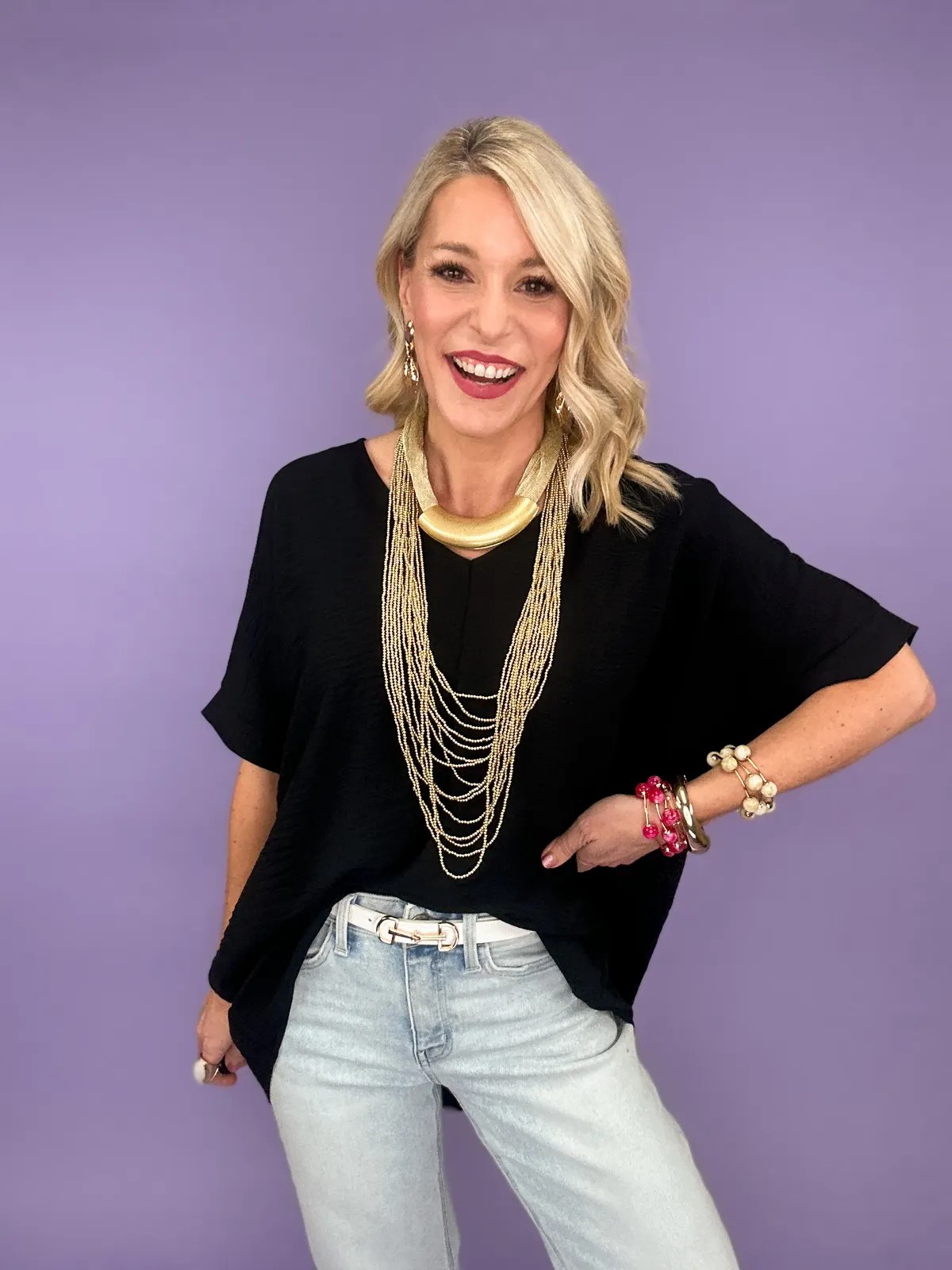 Women’s Textured V-Neck Loose-Fit Blouse