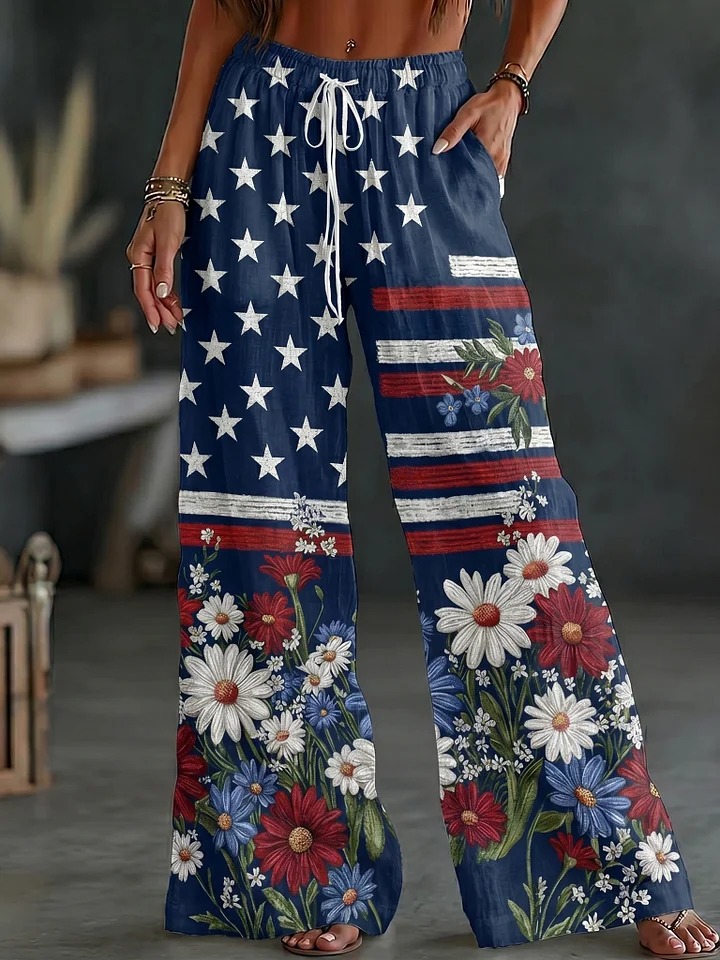 Women's Vintage Independence Day Flag Flower Art Print Wide Leg Linen Pants