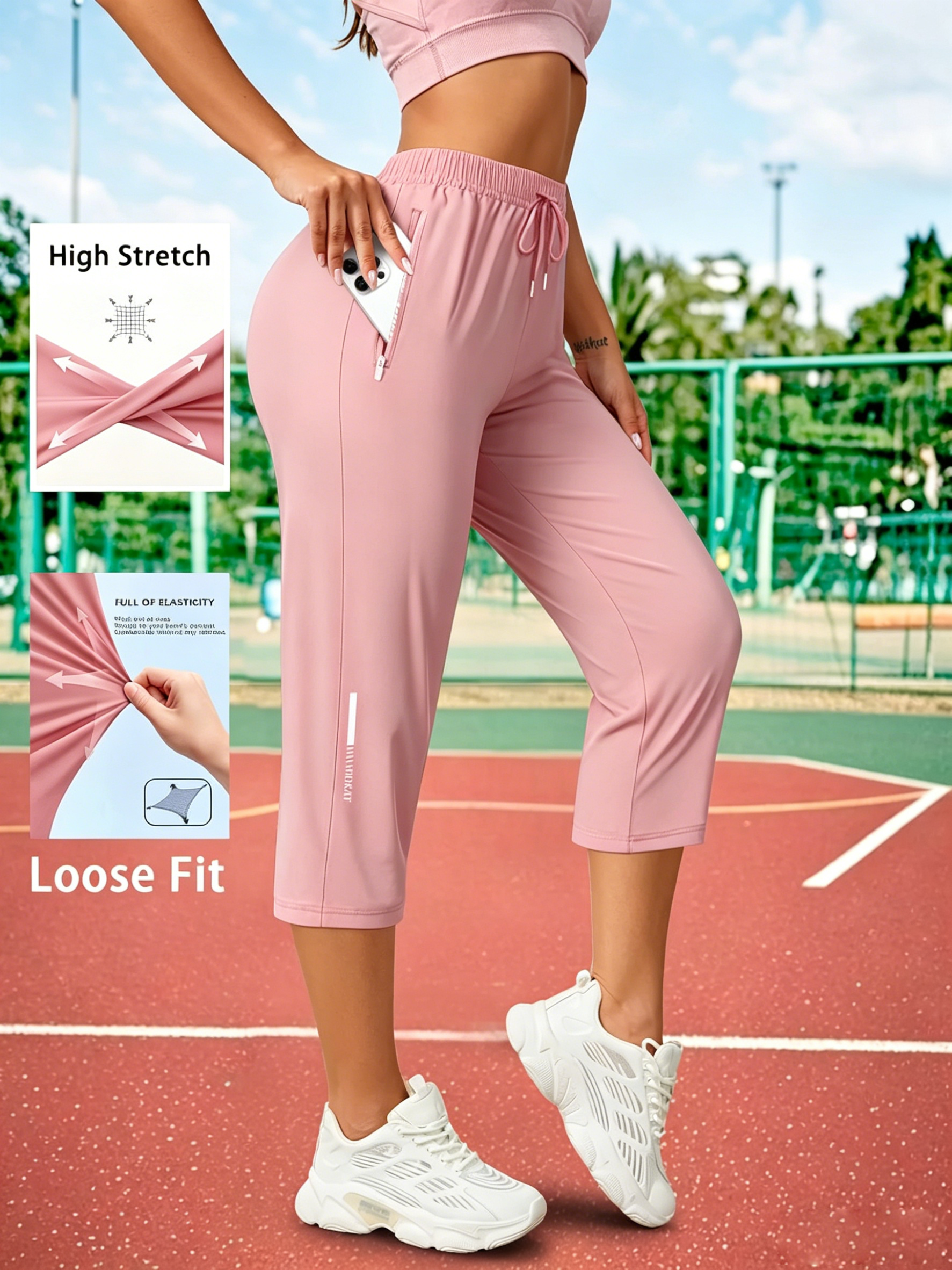Women's Capris Pants - Loose Fit, Summer Drawstring Waist, Zippered Pockets