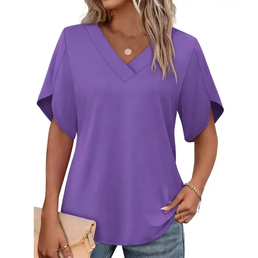 Womens Short Sleeve V Neck Dolman Tops with Side Shirring Loose Fit Shirts