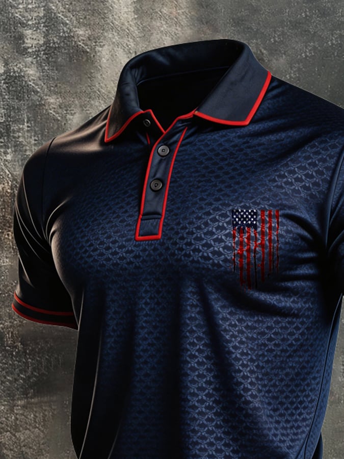 Men's Retro Patriotic Color-Block Short-Sleeve Polo Shirt