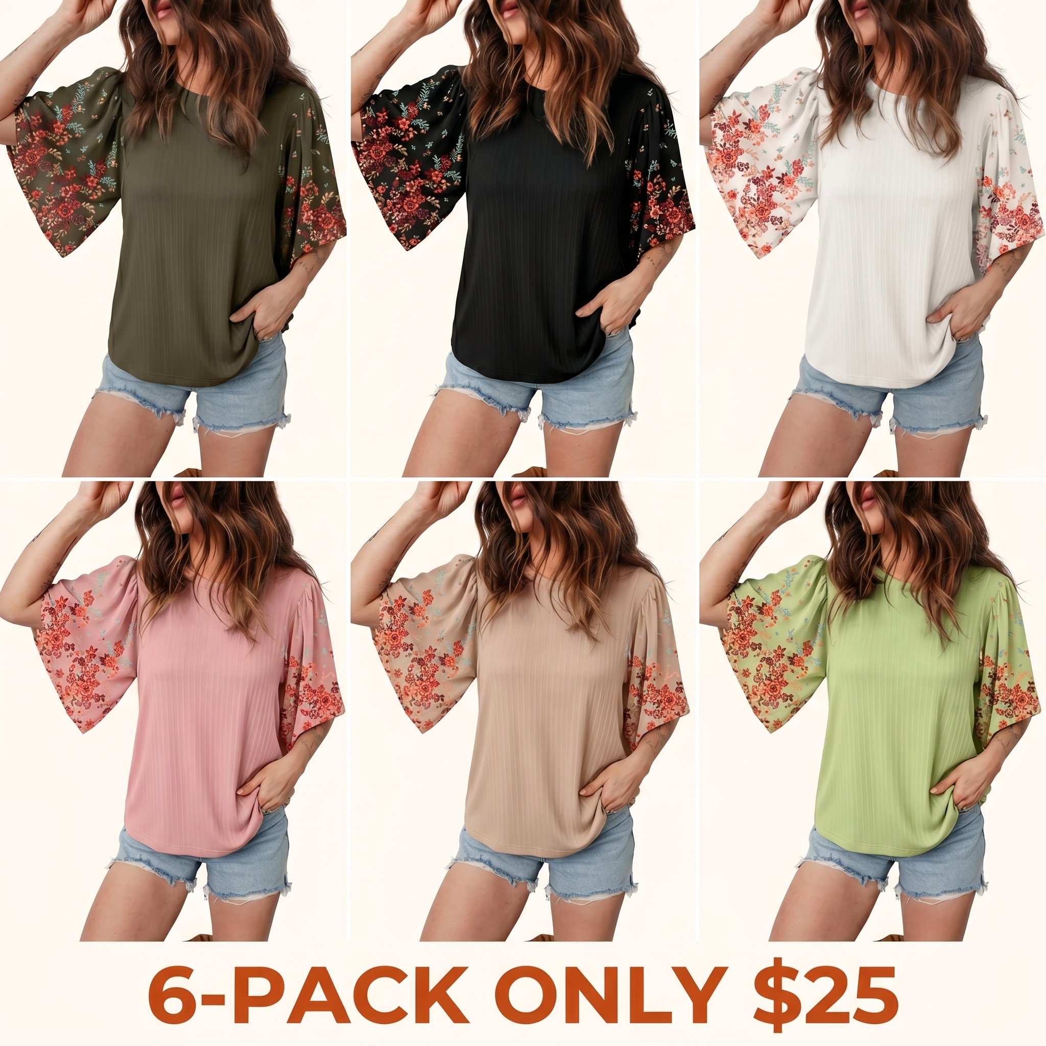 Women's Bohemian-Style T-Shirt Top — Crew Neck, 3/4 Sleeves