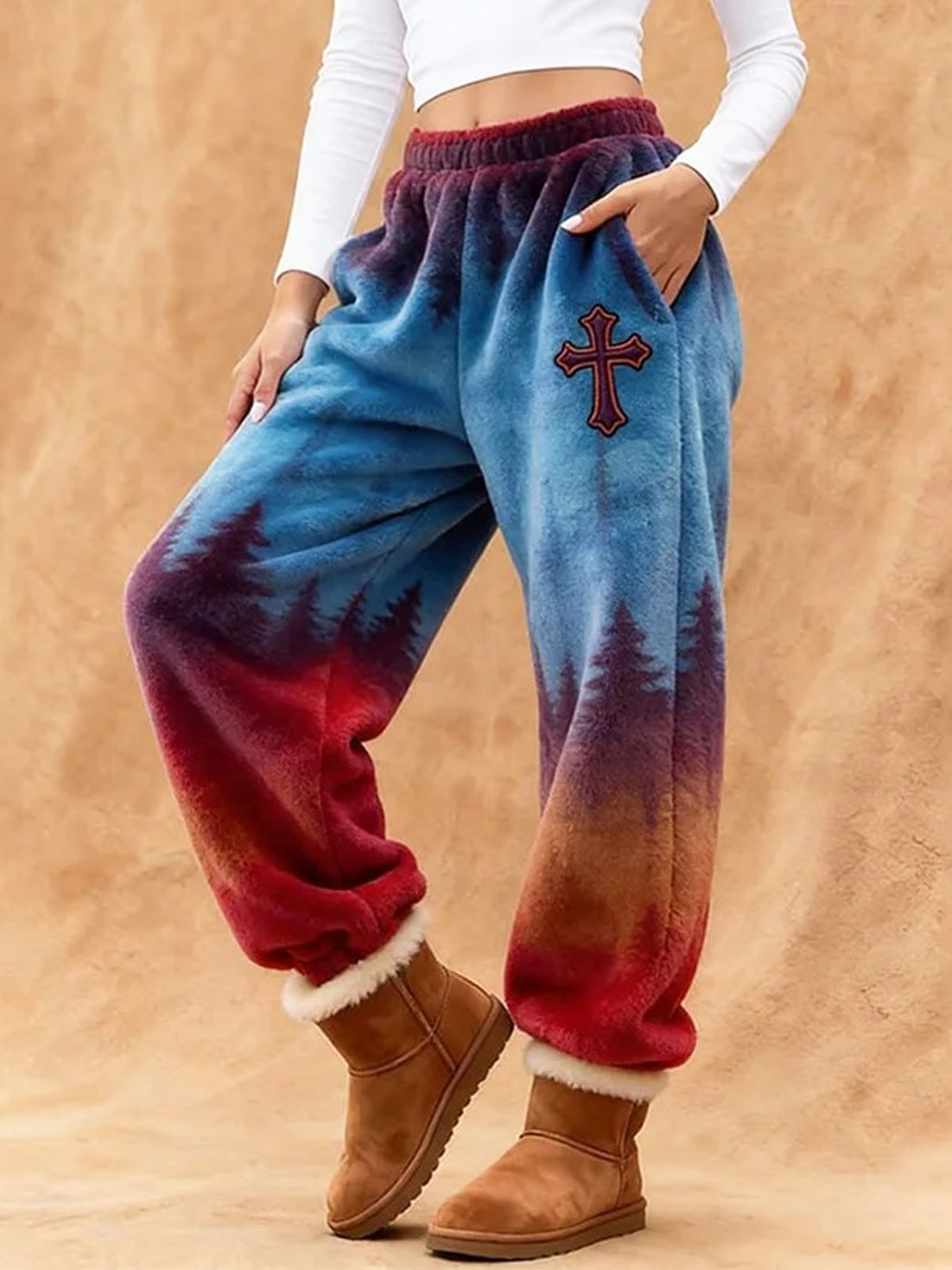 Women's Forest Jesus Cross Colorblock Art Print Loose Fit Flannel Pants