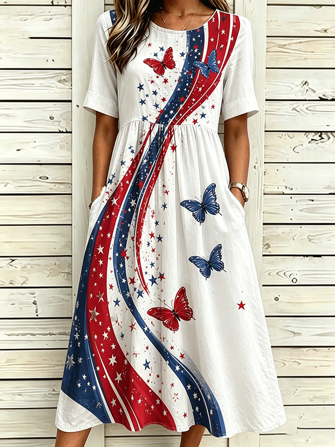 Women's National Flag Floral Print Cotton Linen Short-Sleeved Dress